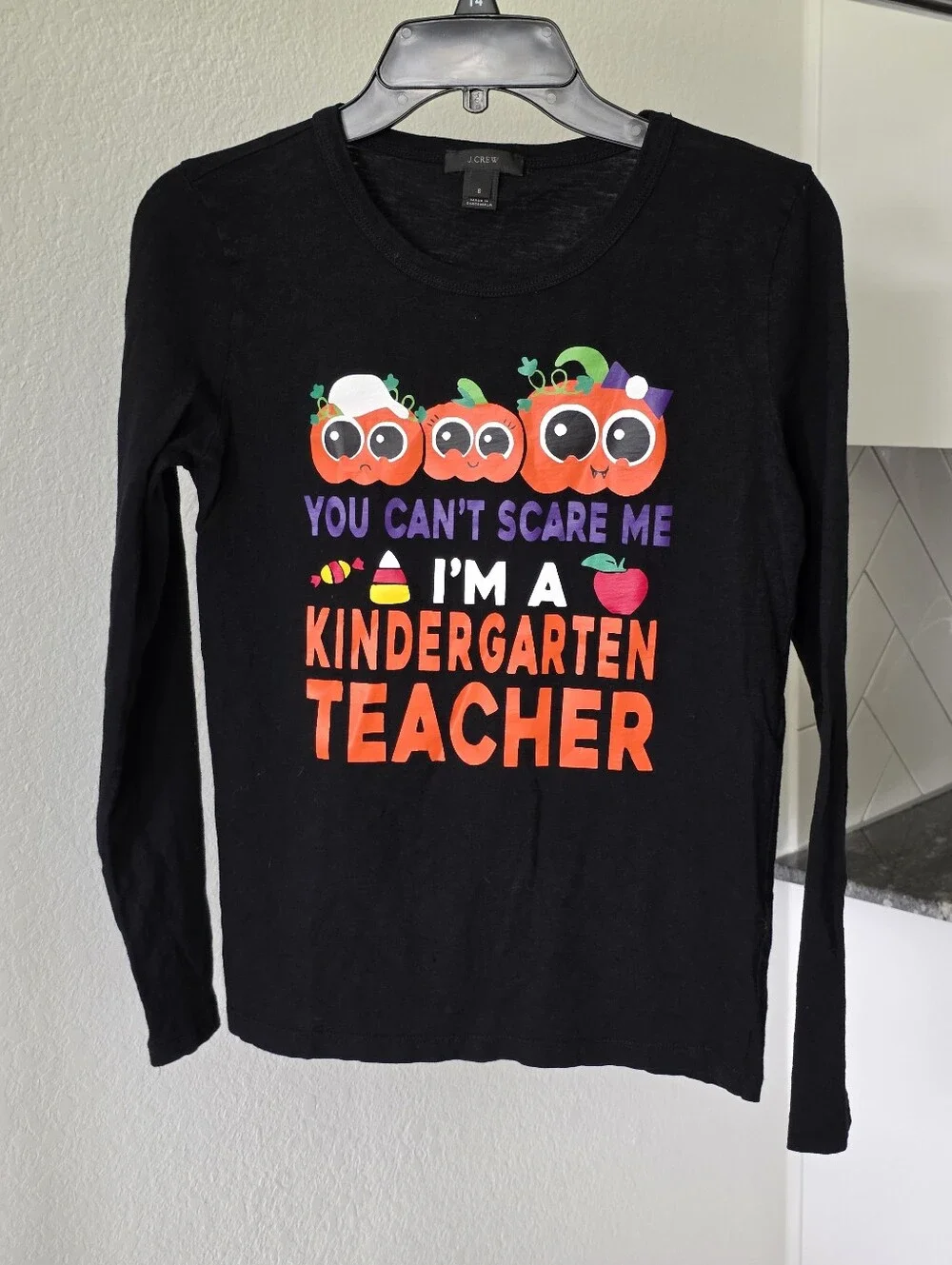 J.Crew Womens Small Halloween Kindergarten Teacher Graphic Long Sleeve Black Tee